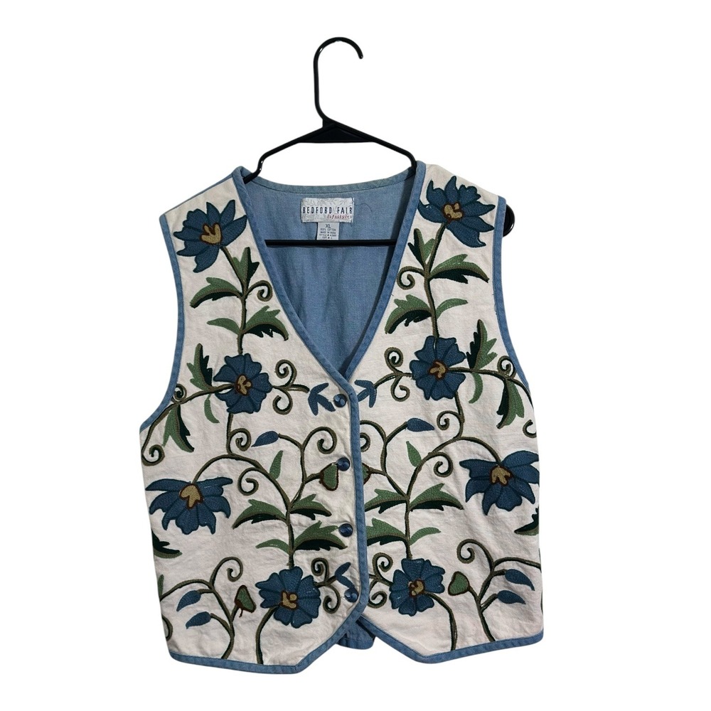 Bedford Fair Lifestyles Vintage Floral Embroidered Denim Back Vest Women Size XL